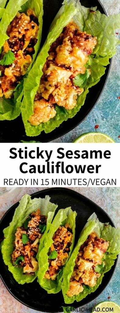 This recipe for 15-Minute Sticky Sesame Cauliflower is crispy, saucy, and takeout-inspired! It's a healthy weeknight dinner option that's ready in a flash. Serve it over rice or in lettuce wraps for a simple meal.