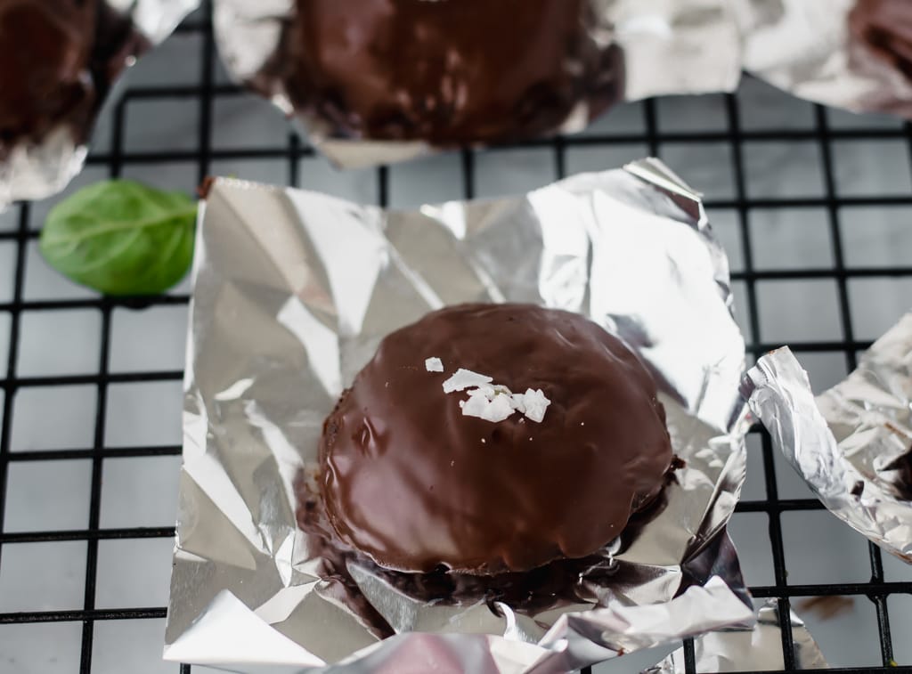 vegan chocolate candy on a silver piece of foil