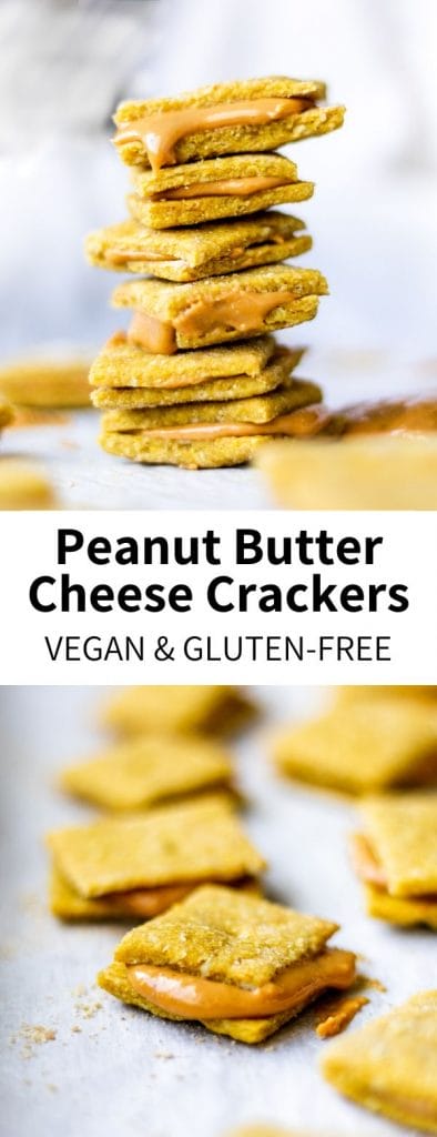 These Peanut Butter Cheese Crackers taste just like the classic, but are totally vegan and gluten-free! Ready with just 10 ingredients and 25 minutes, they're a healthy after school snack everyone will love. #peanutbutter #cheese #vegan #plantbased #snacks #kidfriendly #afterschool #cracker #nuts #protein #glutenfree #glutenfreerecipe #veganrecipes #easy #30mins
