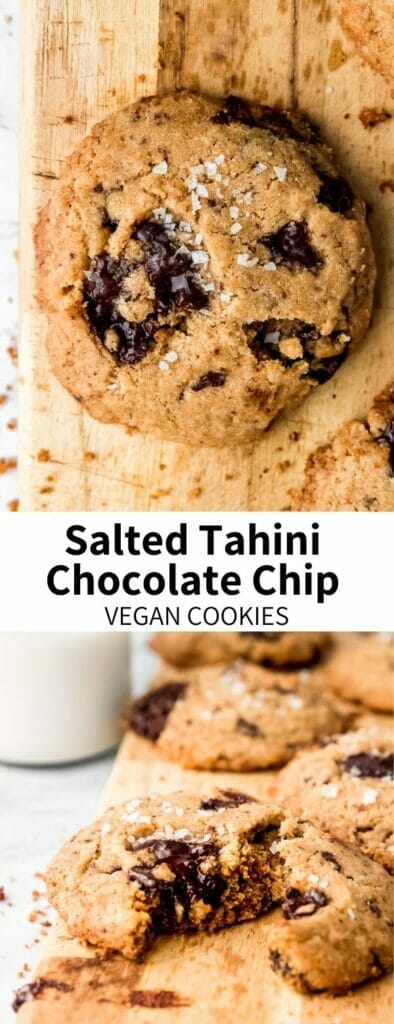 The classic recipe gets an update with nutty sesame seed butter! Tahini Chocolate Chip Cookies are packed with dark chocolate chunks and topped with flaky sea salt. They'll be your new favorite vegan chocolate chip cookie recipe!