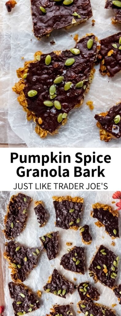 Trader Joe's Pumpkin Spice Granola Bark, made at home! This chocolate-y, vegan, & gluten-free recipe tastes store bought but is easily made at home. Full of heart-healthy nuts nuts and oats, it's great homemade autumn snack.Â 