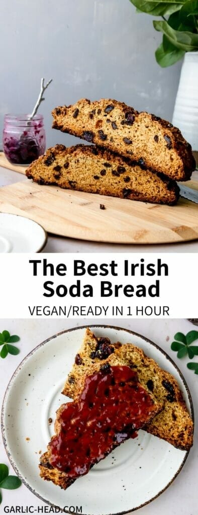 Easy Irish Soda bread, ready in one hour! With dried fruit and classic flavors like caraway, this simple vegan bread recipe is fun to make and a great pairing for so many meals.Â 