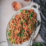 platter of rose pasta with broccolini
