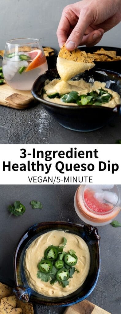 This creamy 3-Ingredient Vegan Queso will be your new favorite party food! Ready in just 5 minutes with just three ingredients, it's the perfect topping for nachos & wonderful for dipping chips. Everyone will be asking for the recipe because it's the BEST ever!