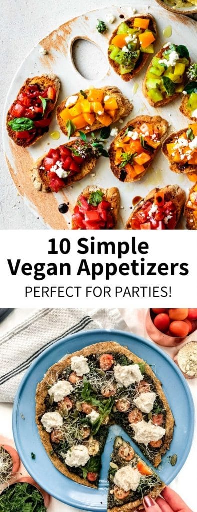 A full roundup of easy vegan appetizers that are great for parties during the holiday season and beyond! Dips, chips, small bites, and sweet treats that are simple to prepare and crowd-approved.Â  #appetizer #vegansnack #party #partyfood #nye #newyears #thanksgiving #christmas #veganappetizer #plantbased #vegetarian #glutenfree