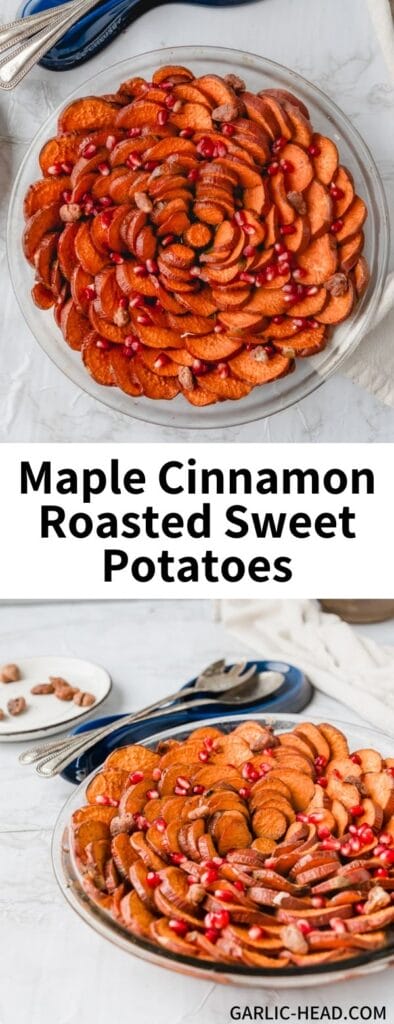 Inspired by vegan sweet potato casserole, these Cinnamon Roasted Sweet Potatoes are a beautiful addition to any holiday table. Notes of maple syrup and pecans make this recipe extra-festive, while pomegranate seeds add a fun pop of color! Totally gluten-free so everyone can enjoy.Â 