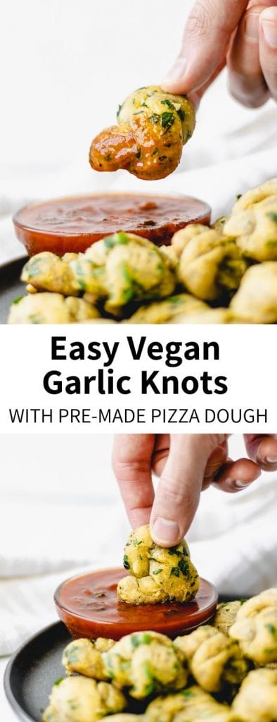 Made with store bought, pre-made pizza dough, these easy Garlic Knots are a simple & vegan appetizer! Perfect for dipping in marinara sauce. #garlic #garlicknots #vegan #italian #recipe #breadrecipe #healthy #easy #appetizer #veganappetizer #snack #garlicbread #marinara #plantbased #simple 