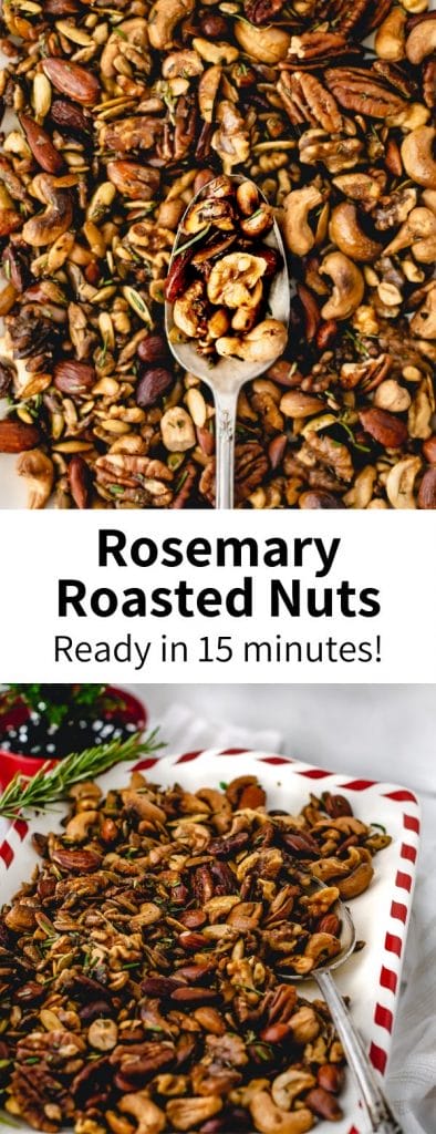 Inspired by Trader Joe's, these rosemary spiced nuts are a perfect party mix! Ready in 15 minutes & a vegan roasted nut mix everyone will love. #nuts #rosemary #party #appetizer #roasted #healthy #healthysnack #christmas #party #spiced #protein #plantbased