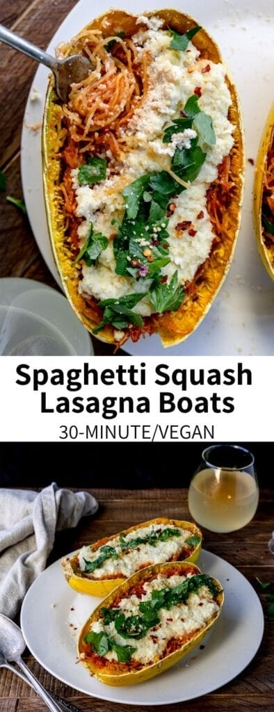 Spaghetti Squash Lasagna Boats are a healthy, vegan, and gluten-free dinner option! Filled with hearty cashew cheese and tangy marinara sauce, they're a versatile and customizable dinner.Â 