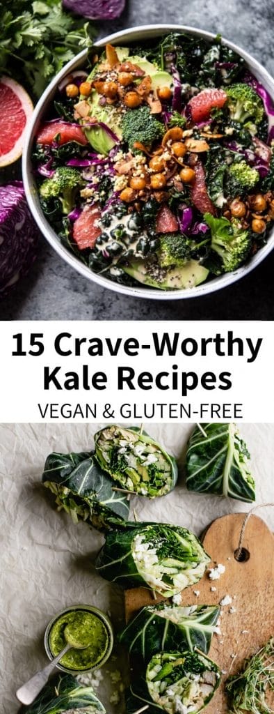 Kale is such a versatile ingredient, and today we're celebrating that with 15 easy kale recipes you'll crave! With green smoothies, kale salads, kale chips, and more. Vegan and gluten-free! #vegan #glutenfree #kale #easy #healthy #recipes #greens #kalechips #kalesalad #salad #plantbased