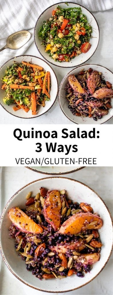 Mix and match your meal prep/lunch routine with these three easy quinoa salad recipes! With a Mediterranean Quinoa Salad with Lemon Dressing, an Asian-inspired Quinoa Salad with Peanut Sauce, and a Nutty Quinoa Fruit Salad, there is something for everyone. Most recipes ready in 15 minutes, all vegan and gluten-free! #vegan #quinoa #salad #quinoasalad #healthy #recipe #glutenfree #easy #mealprep #lunch #protein #plantprotein #peanutsauce #fruitsalad