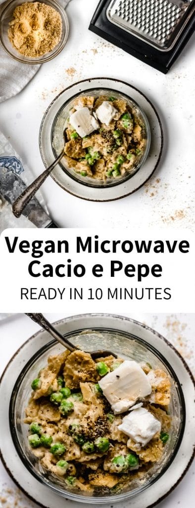 Get dinner ready in 10 minutes with this easy Microwave Cacio e Pepe Pasta! Totally vegan and easily gluten-free, this affordable meal is great for a busy weeknight.Â #cacioepepe #pasta #easydinner #veganmeal #vegandinner #plantbased #pasta #cheese #dairyfree #healthy #10minute #noodle #dinner #mainmeal #vegetarian