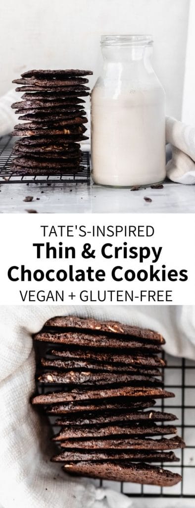 These copycat Tate's Crispy Chocolate Chip Cookies are thin and delicious! Made totally vegan and gluten-free, these heathy cookies are perfectly crunchy and taste just like the classic packaged treat. #tates #cookies #chocolate #dessert #snack #vegan #vegandessert #healthydessert #chocolatechip #copycat #platnbased #glutenfree
