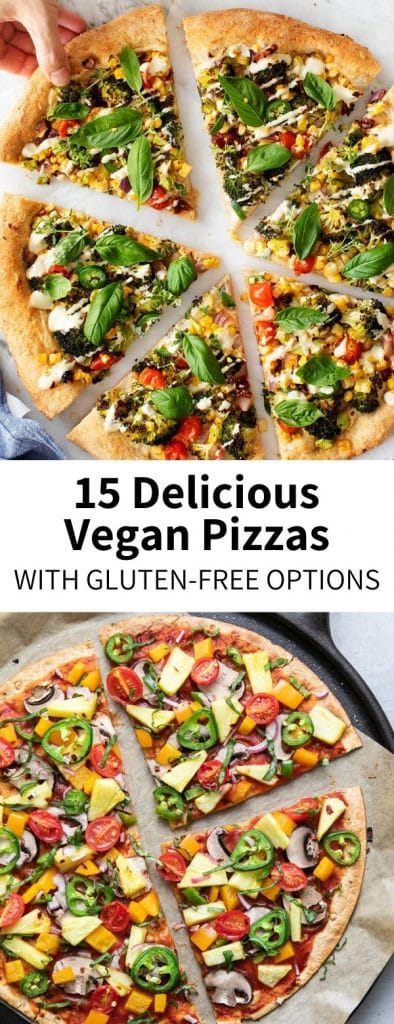 long pin image of 15 vegan pizzas roundup