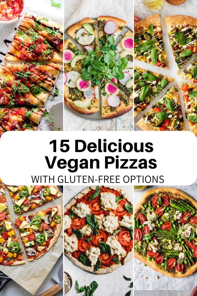 collage image of vegan pizzas with white text box 