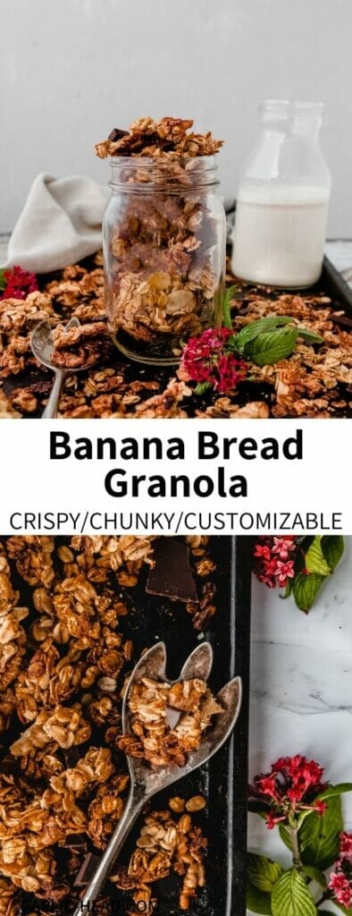 This Banana Bread Granola Recipe is easy to make and full of cozy flavor! Naturally sweetened and packed with vegan protein, this simple and healthy treat is great for breakfast or as a snack. Read on to learn a trick for extra granola clumps.