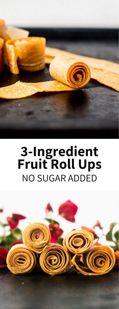 Homemade Fruit Roll Ups are a great on-the-go healthy snack made with just three ingredients! No dehydrator is needed for this like classic mango fruit leather. Vegan, gluten-free, and no sugar added!Â 
