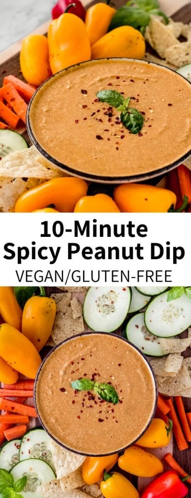 Mix up your snack or party routine with this easy Spicy Peanut Dip! Ready in 10 minutes, it's full of pantry staple ingredients like creamy coconut milk, nutty peanut butter, and spicy red curry paste. Perfect for coating spring rolls, raw veggies, tortilla chips, and more. Vegan and gluten-free!
