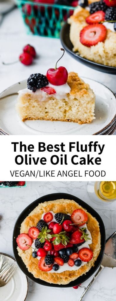 Fluffy Vegan Olive Oil cake is the definition of a pantry staple dessert, but definitely does not taste like it! With fruity olive oil as base and crunchy raw sugar, this healthy cake recipe will have everyone asking for seconds. As a bonus, it lasts longer and stays more moist than butter-based cakes! Top with berries for a delicious pop of color.Â 