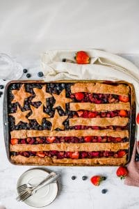 american flag slab pie on a marble table, overhead shot