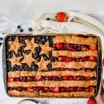 american flag slab pie on a marble table, overhead shot