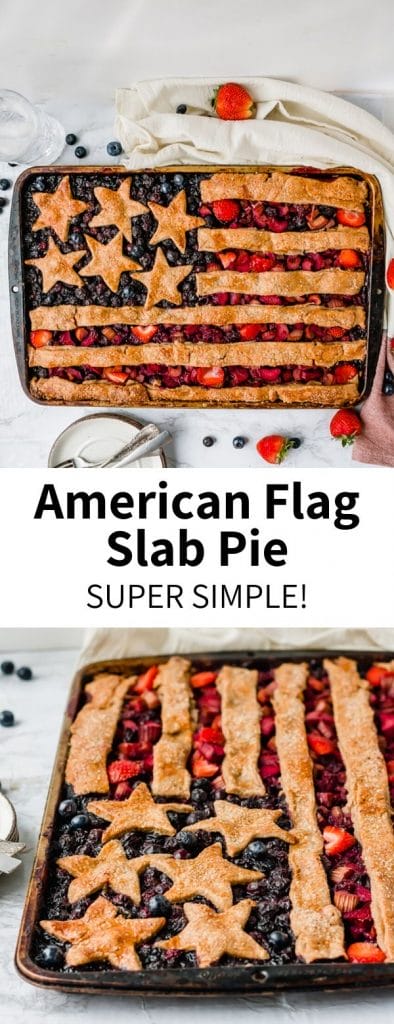 This American Flag Slab Pie is a fun baking project that is much easier than it looks, using store-bought pie crust! Filled with sweet blueberries and strawberries, it's a perfect 4th of July dessert recipe that will feed the whole family. Serve with vanilla ice cream for a red, white, and blue treat.Totally vegan!