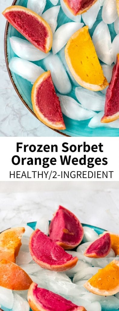 The EASIEST dessert you'll make this summer! Fruity raspberry and mango sorbet frozen in scooped-out citrus halves, this shareable treat is super cute and easily customizable. Mix up your ice cream socials with this delicious and heathy dessert!