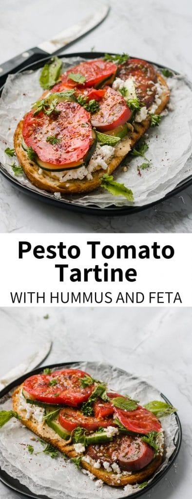 This Pesto Tomato Toast Tartine is a such a fresh summer recipe! With creamy hummus, bright herbs, juicy heirloom tomatoes and tangy feta, it's satisfying and delicious for any time of day. A great way to use farmer's market produce! 