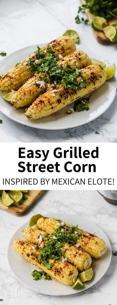 This Grilled Street Corn is a fully loaded, delicious summer side! Fresh corn is lightly charred and topped with tangy cheese, chili, cayenne, fresh cilantro, and bright lime juice. A perfect farmer's market meal! Vegan option included.
