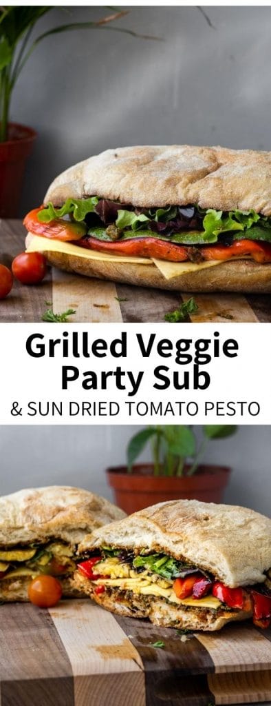 This hearty Grilled Veggie Sub: the perfect packable sandwich or party hoagie option! Toasted ciabatta bread is full of roasted peppers, grilled zucchini, and a homemade sun dried tomato pesto for a filling, healthy, and delicious meal. Ready in under 30 minutes!