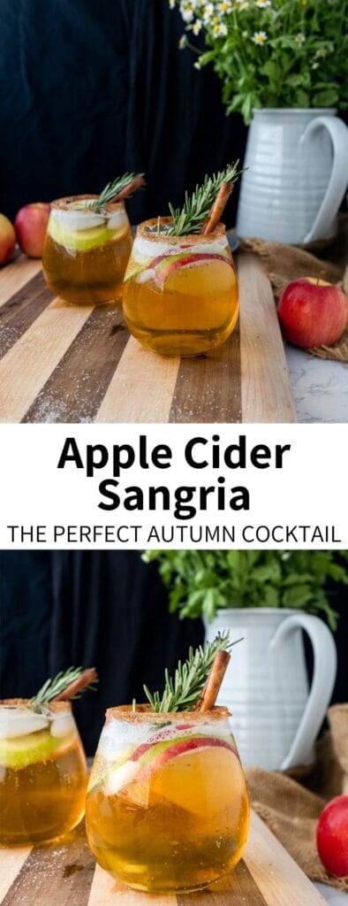 This Apple Cider Sangria recipe is my new favorite summer-to-autumn cocktail! With a combination of dry white wine and a hint of sparkling apple cider, it's full of warming fall flavors while still refreshing. A delicious Halloween or Thanksgiving cocktail idea!