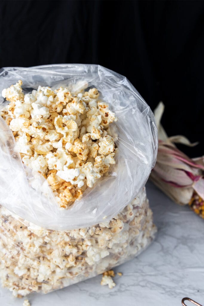 close up of popcorn with caramel and salt