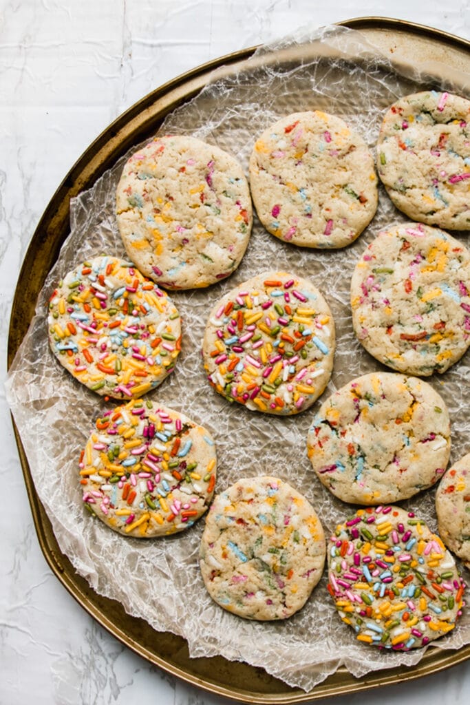 close up of rainbow funfetti cookies