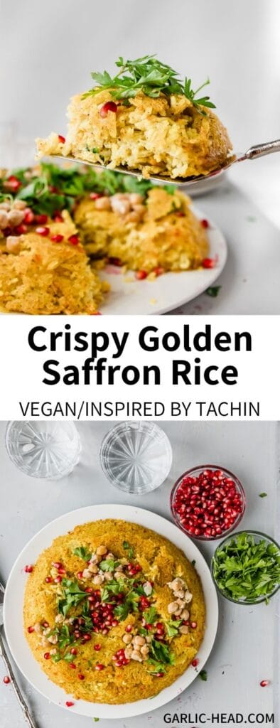 Inspired by Persian tachin, this Crispy Golden Rice is a stunning entree full of rich flavor! This rice colored with saffron is a nourishing dinner pretty enough for a holiday table. Totally vegan!