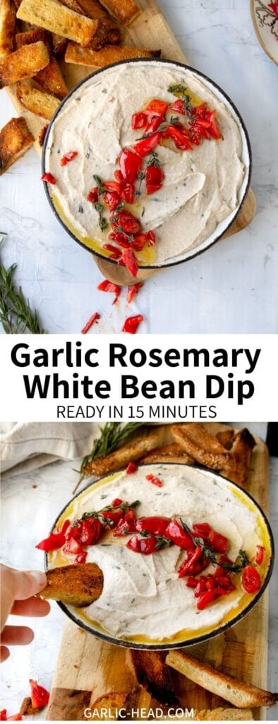 This Rosemary White Bean Dip is a perfect easy appetizer recipe. Full of quick roasted garlic, fresh herbs, and zippy lemon juice, it's a satisfying snack with vegetables or crackers. Top with roasted red peppers and pine nuts!