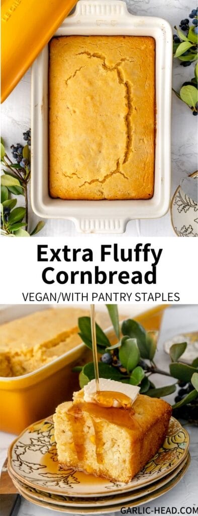 This Fluffy Vegan Cornbread Recipe is my absolute favorite! Moist and full of cozy corn flavors, it's a great pairing for soup or stuffing. It's made with pantry staple ingredients and ready in under an hour!
