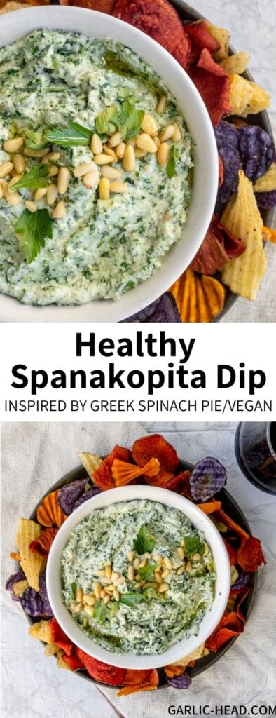 This Greek Spinach Pie-inspired Dip is a fun twist on a classic appetizer, and SO easy to make! Full of cheesy flavors, this Spanakopita Dip is a great last-minute appetizer. Serve it with colorful chips or phyllo crackers for a Mediterranean escape. This dairy-free dip will be a hit with everyone!