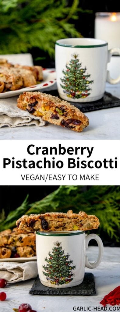This simple Cranberry Pistachio Vegan Biscotti Recipe is full of festive flavors and colors! It's the perfect complement to a cup of coffee or tea on a cold day. Great for a cookie exchange as well!