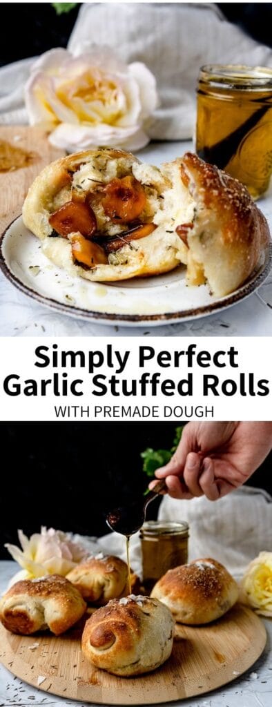 Filled with toasty whole cloves, this simple recipe for Stuffed Garlic Rolls is perfect for garlic lovers everywhere! When made with store-bought pizza dough it's ready with minimal hands-on work. As a bonus, you'll have a lot of garlic-infused olive oil left over! These vegan rolls are inspired by the garlic knots at Milo and Olive in Los Angeles.Â Â 