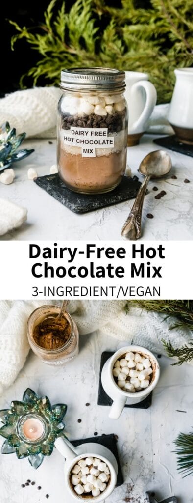 This recipe for Dairy-Free Hot Chocolate Mix will be on repeat all winter long! Made with just three ingredients, it comes together in minutes and is easily pre-made or gifted. This hot cocoa is a totally vegan and gluten-free treat that everyone will love.