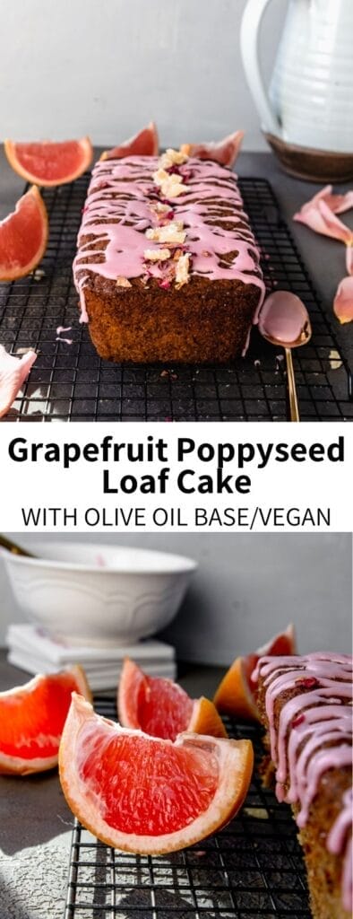 This Grapefruit Poppyseed Loaf Cake Recipe is easy to make and a perfect winter dessert! Topped with a bright pink citrus icing, it's a fragrant olive oil-based cake that's full of bright flavor. Totally vegan and made in a loaf pan!Â 