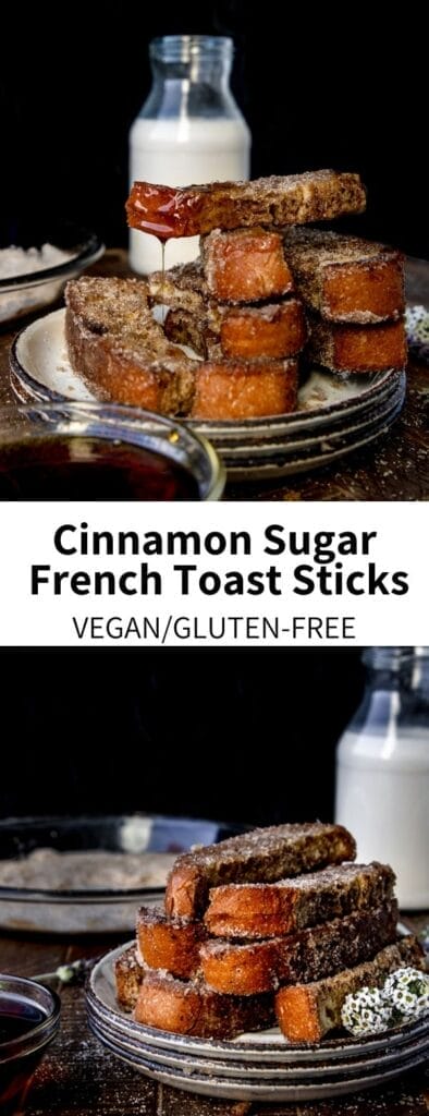 These Homemade French Toast Sticks with Cinnamon Sugar are a nostalgic + healthier version of the classic cafeteria breakfast! Made totally vegan and easily gluten-free, this recipe is a breeze to make and a hit with adults and kids alike. This is a freezer-friendly snack or dessert recipe.