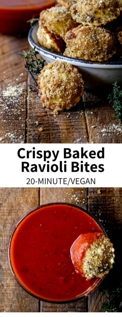 These Crispy Ravioli Bites are a baked treat perfect for game day snacking! Coated in herby breadcrumbs and cheese, they're great for dunking into warmed marinara sauce. They're a vegan recipe that's fun to make and ready in 20 minutes!