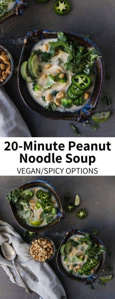 This Spicy Peanut Noodle Soup is comfort in a bowl! With warming notes of ginger and garlic, this coconut milk-based soup is ready in just 20 minutes making it a perfect weeknight dinner. It's a healthy vegan meal that's totally customizable.Â 