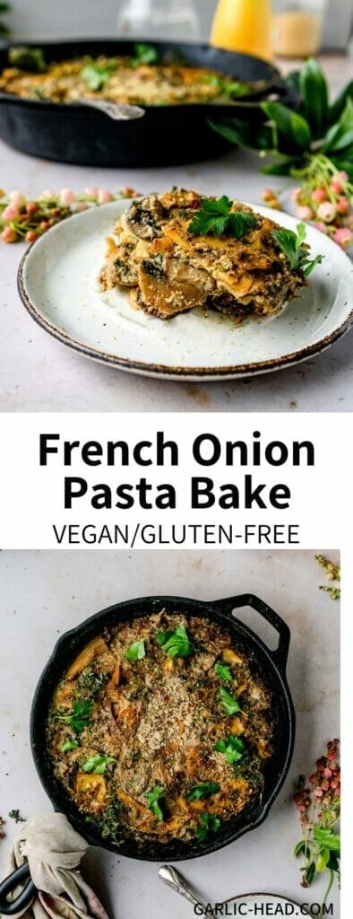 Inspired by the classic soup, this French Onion Skillet Pasta Bake is a hearty and healthy weeknight dinner! Made with caramelized onions and a creamy dairy-free sauce, it's a comforting meal with traditional flavors. It's a high protein vegan meal everyone will enjoy!