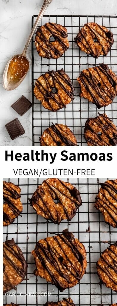 Try a healthy take on a classic Girl Scout Cookie with these Homemade Vegan Samoas! Made with pantry ingredients but full of flavor, these coconut, caramel, and chocolate cookies taste just like the original.