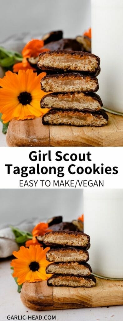 These Homemade Tagalongs are a DIY version of the classic Girl Scout cookie! Also known as Peanut Butter Patties, this crispy cookies are topped with a layer of PB and coated in smooth chocolate. Simple to make, a crowd-pleasing flavor combination, and totally vegan!