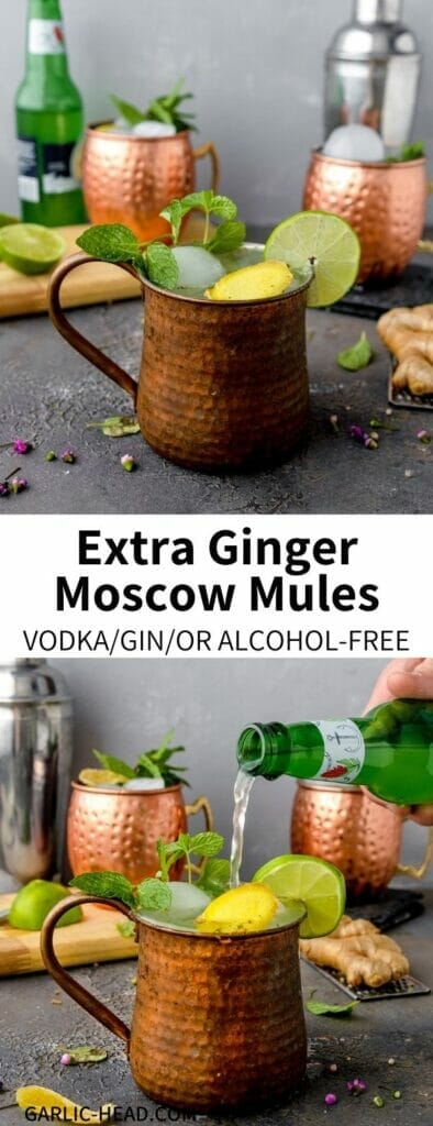 This recipe for Extra-Ginger Moscow Mules is refreshing and perfect for any time of year! It's a simple cocktail full of bubbly ginger beer, tangy lime juice, and vodka. Garnish with fresh and candied ginger slices for the ultimate ginger-lovers drink!