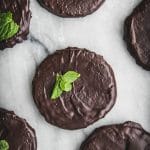 close up of vegan thin mint cookie on a marble table