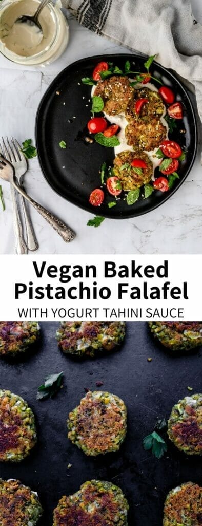 This Baked Pistachio Falafel Recipe is so satisfying and a fun twist on a traditional food. These chickpea patties are loaded with fresh herb flavor and a perfect complement to salads, wraps, and more. Pair them with a minty yogurt-tahini sauce for a satisfying lunch full of vegan protein!
